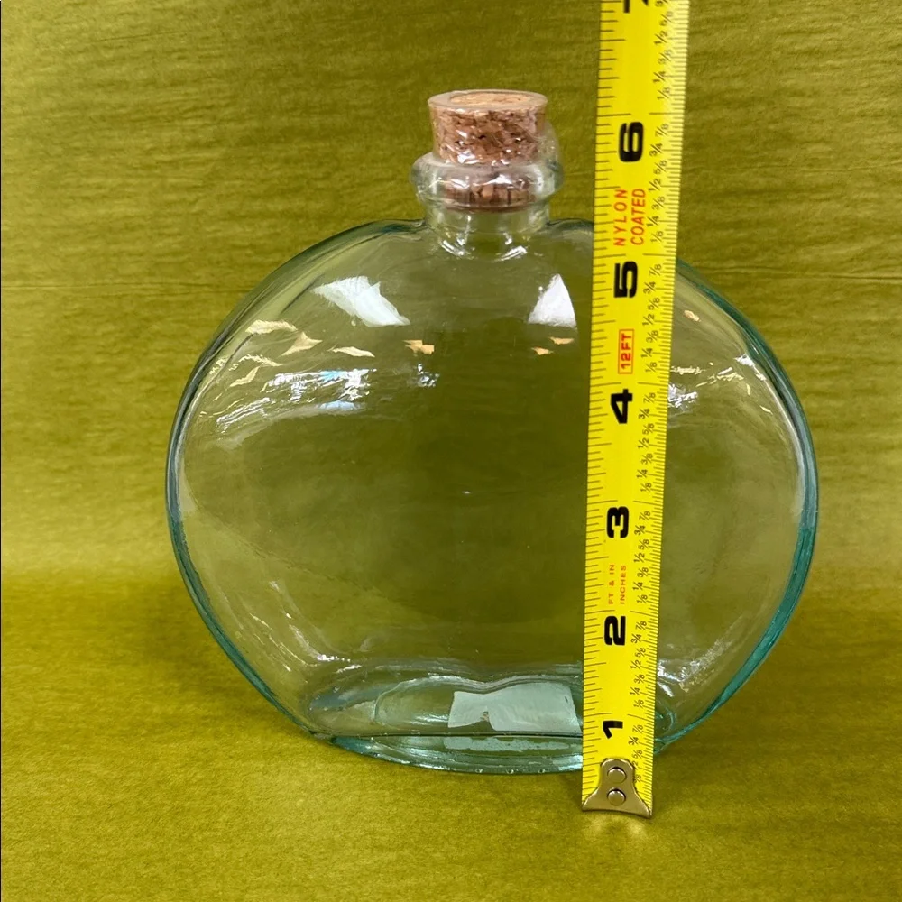 Vintage Pier 1 Clear Green Glass Bulb Vase w/ Cork Stopper Approx 6” Spain